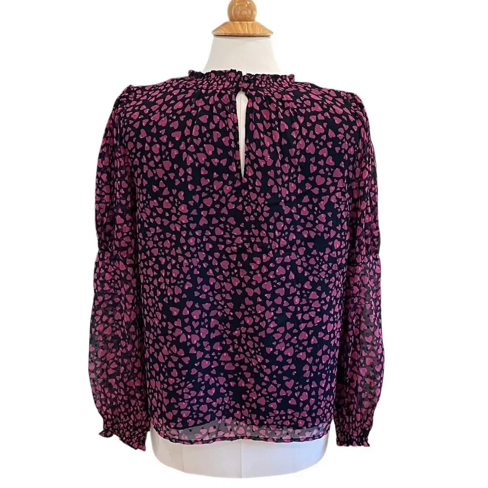 New LOFT Navy Blouse, Pink Hearts, Puff Sleeve, Sheer Sleeve, Size S